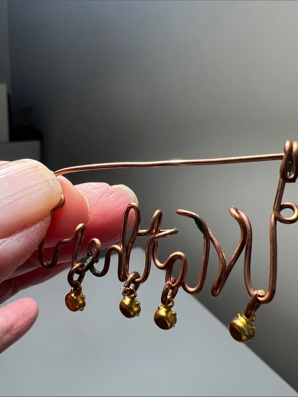 Vintage Copper 'Mother' Wire Brooch Pin with Colored Crystal Drops